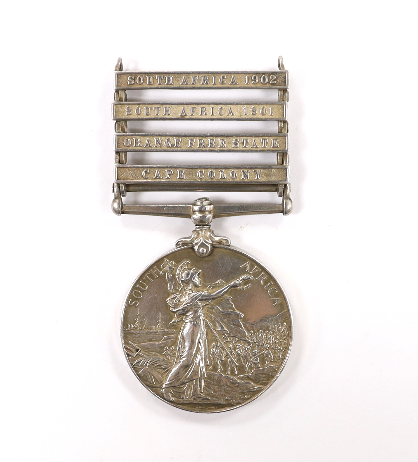 A Queen's South Africa medal to Pte. T. Simpson, Royal Fusiliers, with bars for Cape Colony, Orange Free State, South Africa 1901 and South Africa 1902